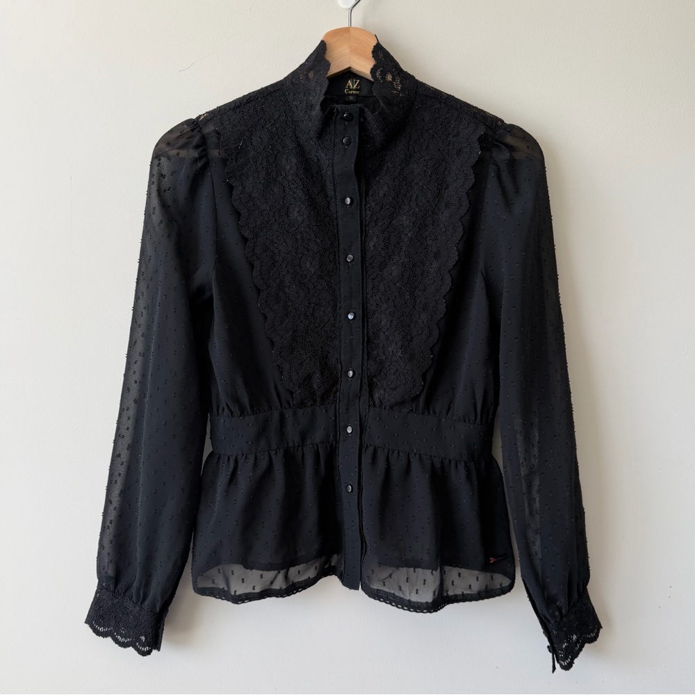 Black Lace-Trim Peplum Blouse